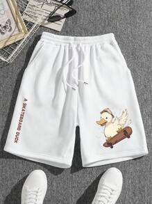 Shorts con cordón en la cintura con gráfico de dibujos animados y letras para hombre - Blanco - Ver 1