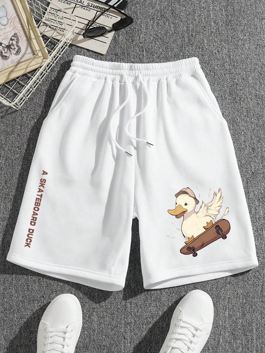 Shorts con cordón en la cintura con gráfico de dibujos animados y letras para hombre - Blanco - Ver 1