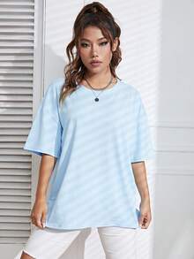 SHEIN EZwear Áo thun nữ màu trơn Giải trí - Màu xanh nhạt - Xem 3