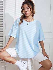 SHEIN EZwear Áo thun nữ màu trơn Giải trí - Màu xanh nhạt - Xem 4