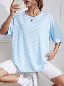 SHEIN EZwear Áo thun nữ màu trơn Giải trí - Màu xanh nhạt - Xem 6