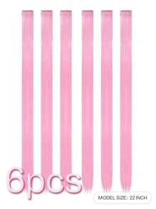 6 piezas Extensión del pelo con clip largo recto sintético - Rosa - Ver 2
