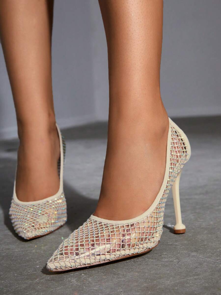 女士水鑽裝飾宮廷網紗細跟魅力四射高跟鞋 - 杏色 - 查看 1