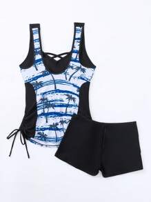 Swim Lushoire Bãi biển mùa hè Dây rút in họa tiết nhiệt đới bên hông Tankini - Nhiều màu - Xem 4