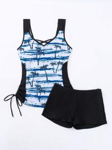 Swim Lushoire Bãi biển mùa hè Dây rút in họa tiết nhiệt đới bên hông Tankini - Nhiều màu - Xem 5
