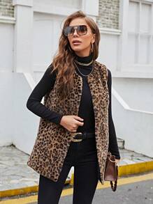 RELISH NOLESS Leopard Print Open Front Suedette Vest Jacket - Multicolor - View 3