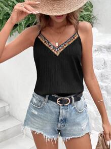 SHEIN VCAY Áo thun họa tiết Geo Tape Cami tương phản dành cho nữ - màu đen - Xem 5