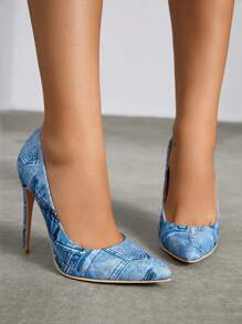 女士極簡尖頭細跟宮廷時尚戶外牛仔高跟鞋 - 藍色 - 查看 8