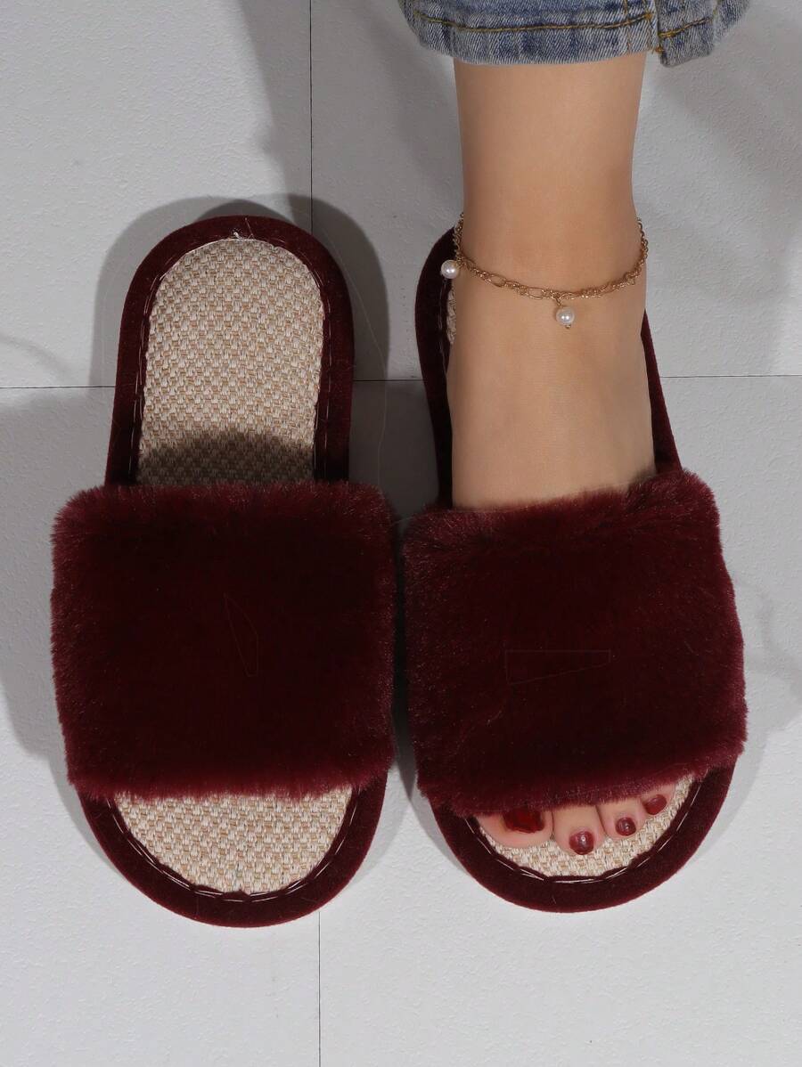 女士極簡毛茸茸家庭時尚黑色臥室拖鞋