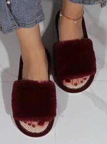 女士極簡毛茸茸家庭時尚黑色臥室拖鞋
