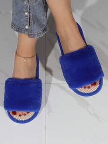 女士極簡毛茸茸家庭時尚藍色臥室拖鞋