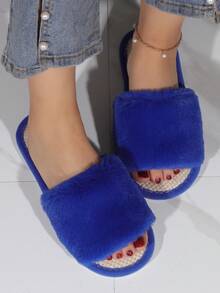 女士極簡毛茸茸家庭時尚藍色臥室拖鞋