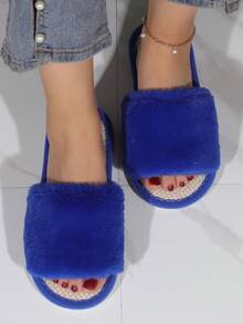 女士極簡毛茸茸家庭時尚藍色臥室拖鞋