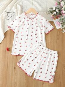 Girls Cherry Print Lettuce Trim PJ Set - White - View 1