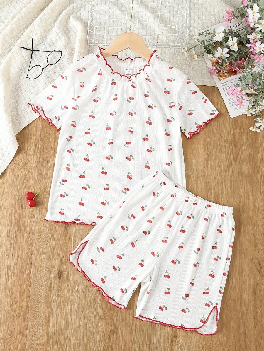 Girls Cherry Print Lettuce Trim PJ Set - White - View 1