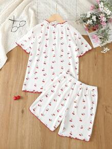 Girls Cherry Print Lettuce Trim PJ Set - White - View 2