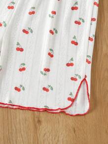 Girls Cherry Print Lettuce Trim PJ Set - White - View 3