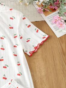 Girls Cherry Print Lettuce Trim PJ Set - White - View 4