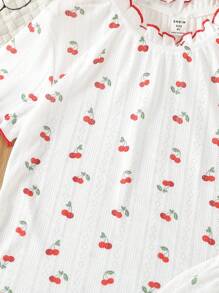 Girls Cherry Print Lettuce Trim PJ Set - White - View 5