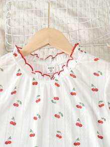 Girls Cherry Print Lettuce Trim PJ Set - White - View 6