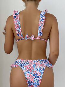 Ditsy Floral Print Ruffle Trim Triangle Bikini Set For Summer Beach - Multicolor - View 2