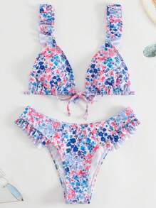 Ditsy Floral Print Ruffle Trim Triangle Bikini Set For Summer Beach - Multicolor - View 3
