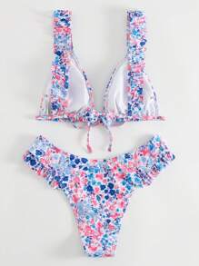 Ditsy Floral Print Ruffle Trim Triangle Bikini Set For Summer Beach - Multicolor - View 4