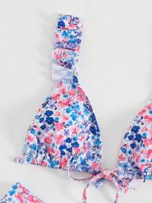 Ditsy Floral Print Ruffle Trim Triangle Bikini Set For Summer Beach - Multicolor - View 5