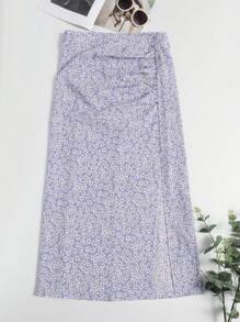 SHEIN Clasi Plus Ditsy Floral Print Ruched Split Thigh Skirt - Purple - View 1