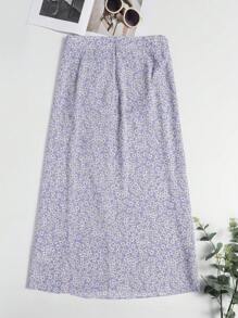 SHEIN Clasi Plus Ditsy Floral Print Ruched Split Thigh Skirt - Purple - View 2