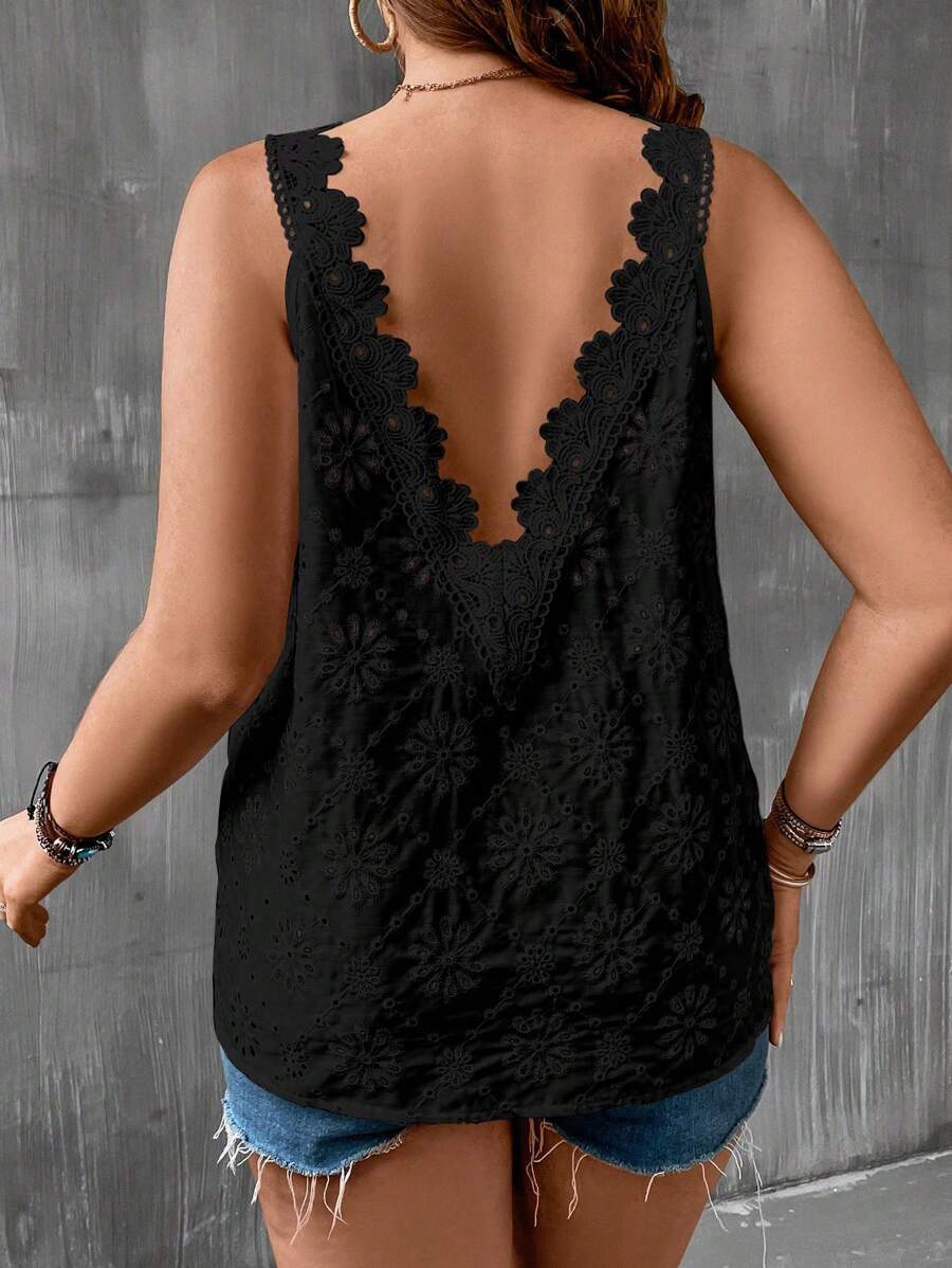 SHEIN Clasi Plus Contrast Guipure Lace Tank Top - Black - View 1