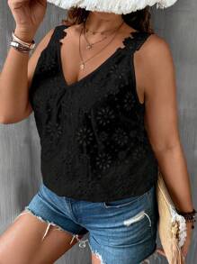 SHEIN Clasi Plus Contrast Guipure Lace Tank Top - Black - View 4