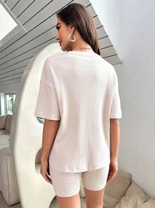 Solid Drop Shoulder Tee & Shorts - Beige - View 2