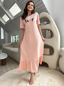 Vestido homewear con estampado de letra bajo con fruncido - Rosa - Ver 1