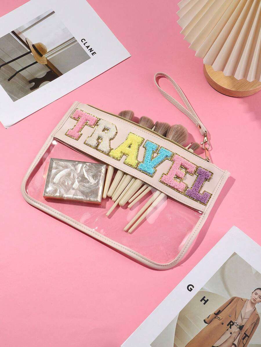 1 件尼龙可见透明化妆包雪尼尔字母化妆包拉链学院风化妆包发袋带贴片化妆收纳包套装女士手提包 - 彩色 - 查看 1