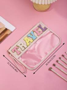 1 件尼龙可见透明化妆包雪尼尔字母化妆包拉链学院风化妆包发袋带贴片化妆收纳包套装女士手提包 - 彩色 - 查看 3