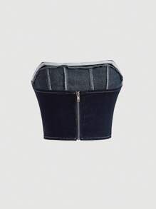 SHEIN Solid Tube Denim Top - Dark Wash - View 2