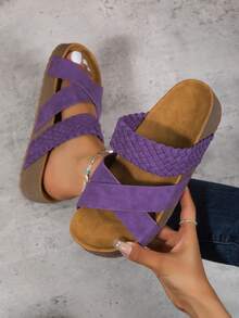 女士編織細節交叉度假紫色坡跟涼鞋 - 紫色 - 查看 2
