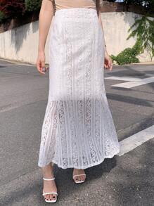 DAZY 素色魚尾裙下擺蕾絲短裙 - 白色 - 查看 4