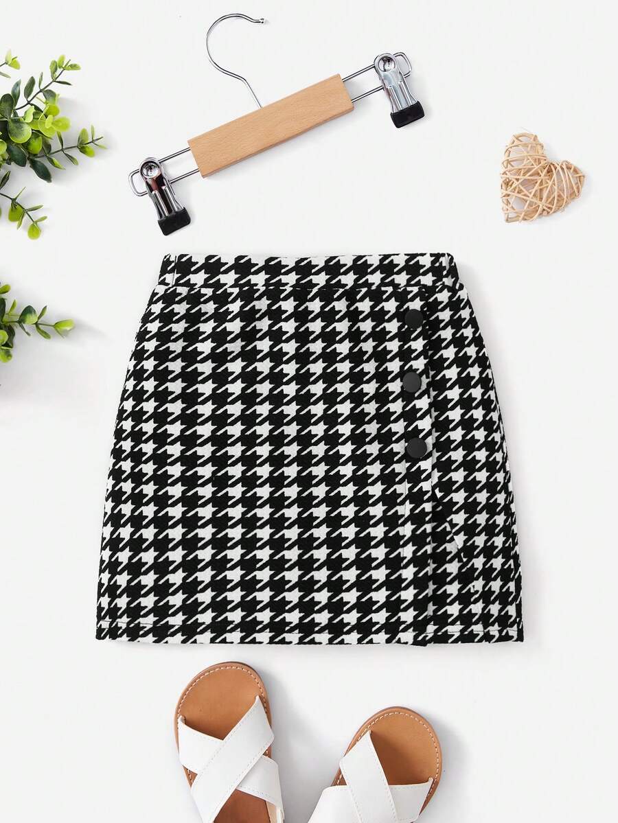 SHEIN 小女童千鳥格印花前紐扣半身裙 - 黑與白 - 查看 1