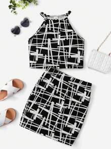 SHEIN Tween Girl Allover Print Halter Top & Skirt - Black and White - View 1