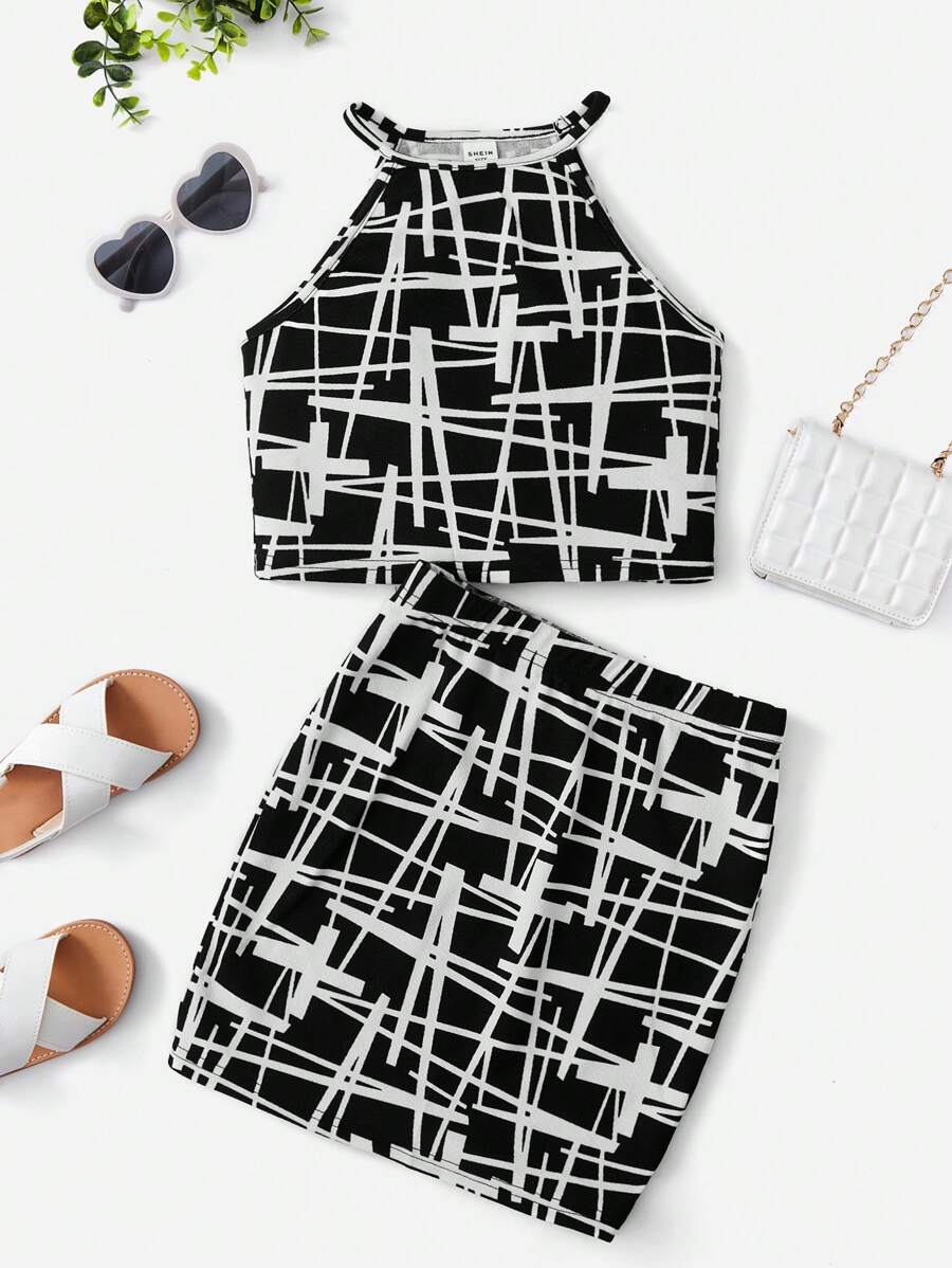 SHEIN Tween Girl Allover Print Halter Top & Skirt - Black and White - View 1