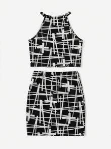 SHEIN Tween Girl Allover Print Halter Top & Skirt - Black and White - View 2
