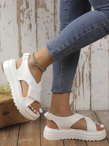 女士抽褶設計厚底時尚白色露跟涼鞋 - 白色 - 查看 1