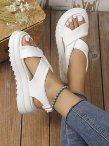 女士抽褶設計厚底時尚白色露跟涼鞋 - 白色 - 查看 5