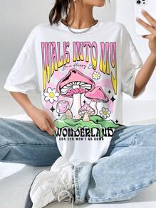 SHEIN EZwear Áo phông Quá khổ Nấm & Đồ họa Khẩu hiệu Thả vai - trắng - Xem 1