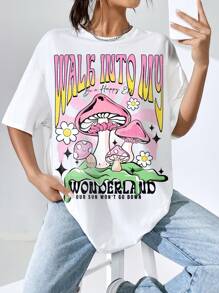 SHEIN EZwear Áo phông Quá khổ Nấm & Đồ họa Khẩu hiệu Thả vai - trắng - Xem 6