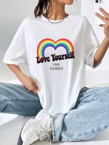 SHEIN EZwear LGBT彩虹和標語圖案落肩袖超大號T恤 - 白色 - 查看 1