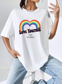 SHEIN EZwear LGBT彩虹和標語圖案落肩袖超大號T恤 - 白色 - 查看 8