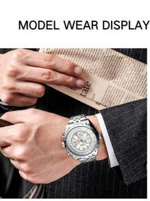 JARAGAR 1pc Men Sports Silver Multifunction Dial Date Week Display Top Brand Luxury Stainless Steel Strap Automatic Mechanical Watch Business Wristwatches Best Gift With Box - Silver - View 3